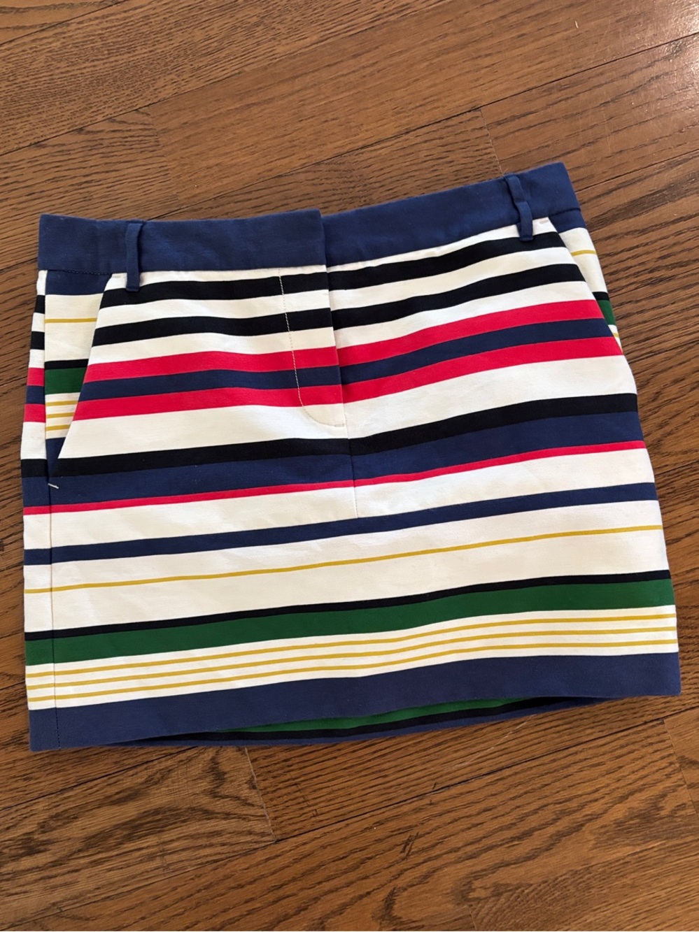 J. Crew Striped Multi-Color Mini Skirt with Navy Waistband
